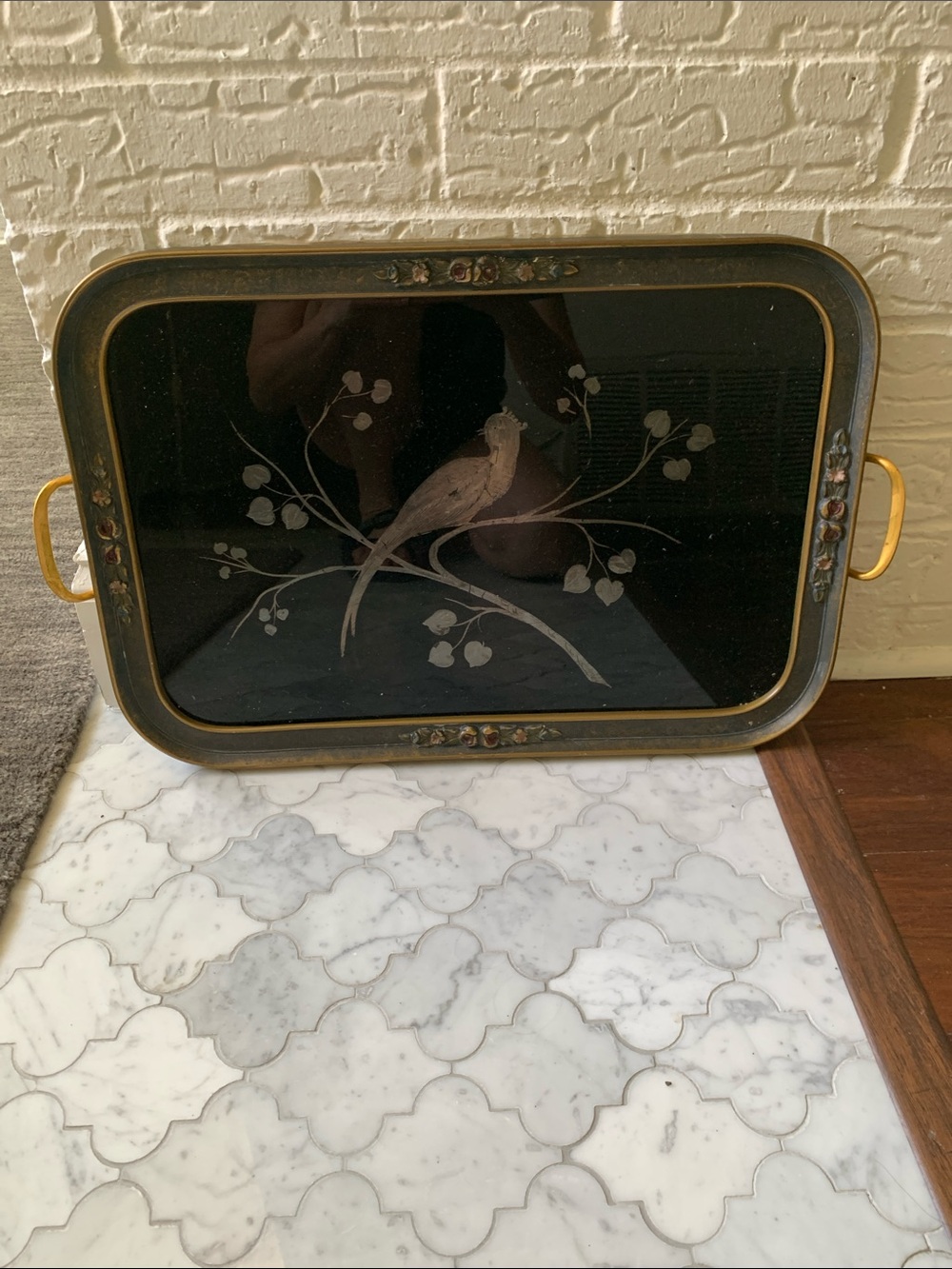 100 yr old Black and Gold Bird Motif Vanity Tray - Decorative Serving Tray